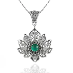 Filigree Art Silver Lotus Flower Emerald Gemstone Women Pendant Necklace