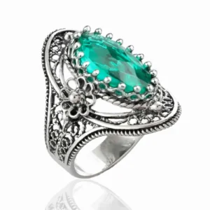 Emerald Gemstone Sterling Silver Women Statement Ring with Daisy Figures - May Birthstone