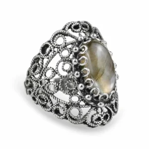 Filigree Art Labradorite Gemstone Lace Detailed Women Silver Statement Ring