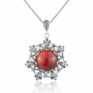 Filigree Silver Flower Figured Carnelian Gemstone Woman Pendant Necklace