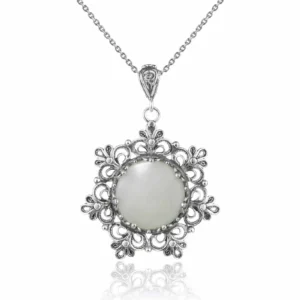 Filigree Silver Flower Figured Mother of Pearl Gemstone Pendant Necklace