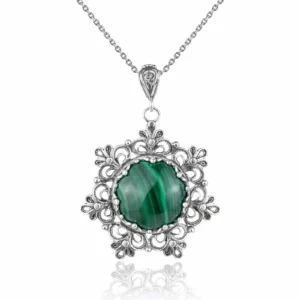 Filigree Silver Flower Figured Malachite Gemstone Pendant Necklace