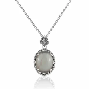 Filigree Silver Gray Moonstone Gemstone Woman Oval Pendant Necklace