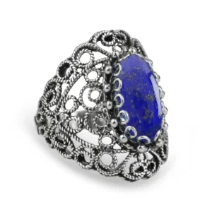 Filigree Art Lapis Lazuli Gemstone Lace Detailed Women's Silver Statement Ring