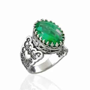 Emerald Gemstone Double Heart Detailed Filigree Art 925 Sterling Silver Women Statement Ring - Shop Now