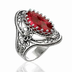 Filigree Art Silver Ruby Gemstone Daisy Figured Woman Statement Ring