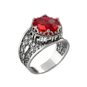 Meander Pattern Filigree Art Ruby Gemstone Woman Silver Cocktail Ring