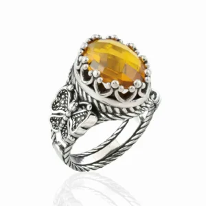 Citrine Gemstone Filigree Art Double Butterfly Detailed Women Silver Statement Ring