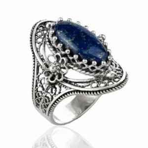 Filigree Silver Daisy Figured Lapis Gemstone Woman Statement Ring - Elegant and Unique