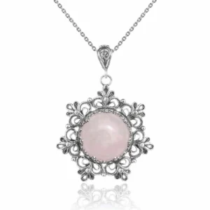 Filigree Silver Flower Figured Rose Quartz Gemstone Pendant Necklace