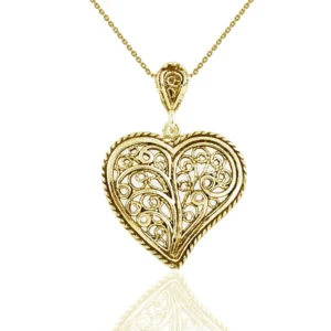 Filigree Art Gold Plated Silver Tree of Life in Heart Pendant Necklace