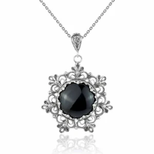 Filigree Silver Flower Figured Black Onyx Gemstone Woman Pendant Necklace