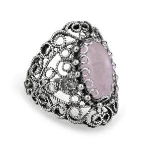 Handmade Filigree Art Rose Quartz Gemstone Lace Detailed Women's Silver Statement Ring