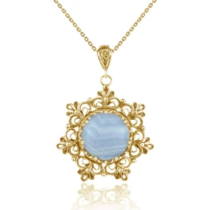 Exquisite Filigree Gold Plated Silver Flower Blue Lace Agate Pendant Necklace for Women