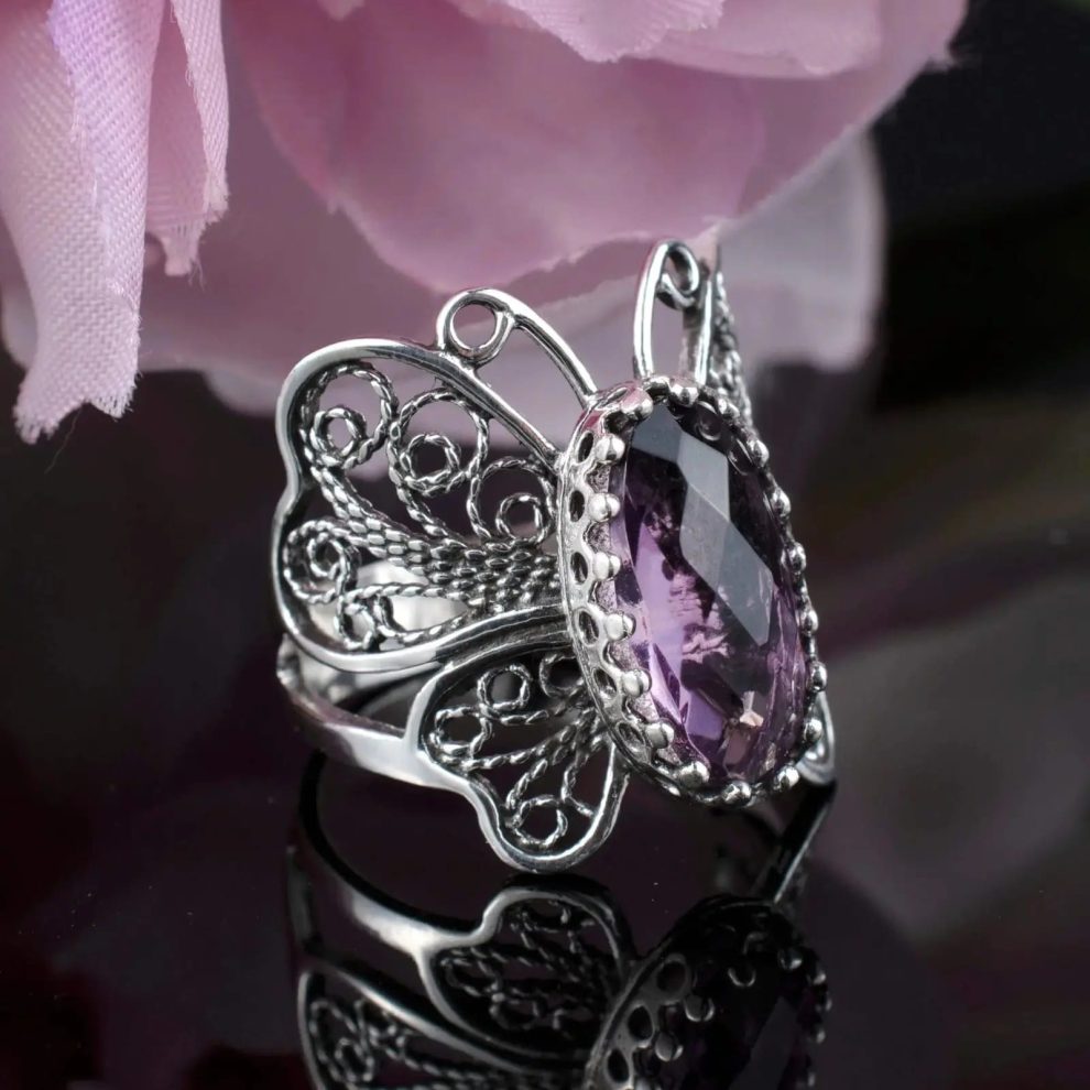 Filigree Rings - Filigree Art Amethyst Gemstone Butterfly Design Women Silver Cocktail Ring