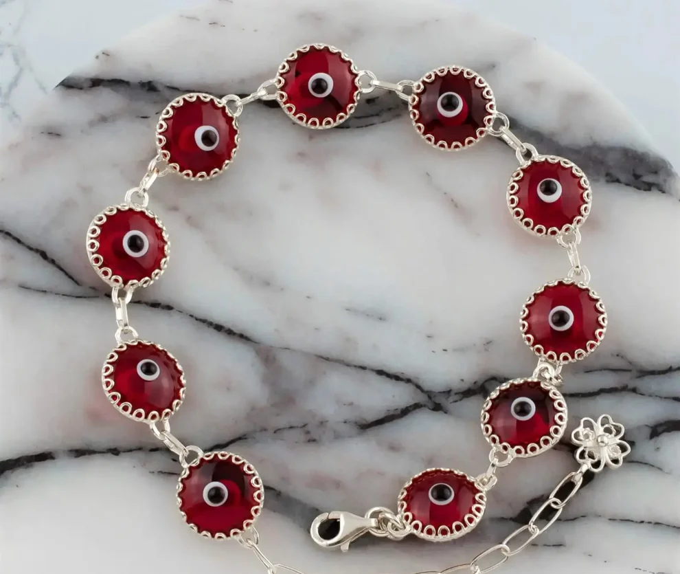 Filigree Red Evil Eye Sterling Silver Woman Adjustable Link Bracelet